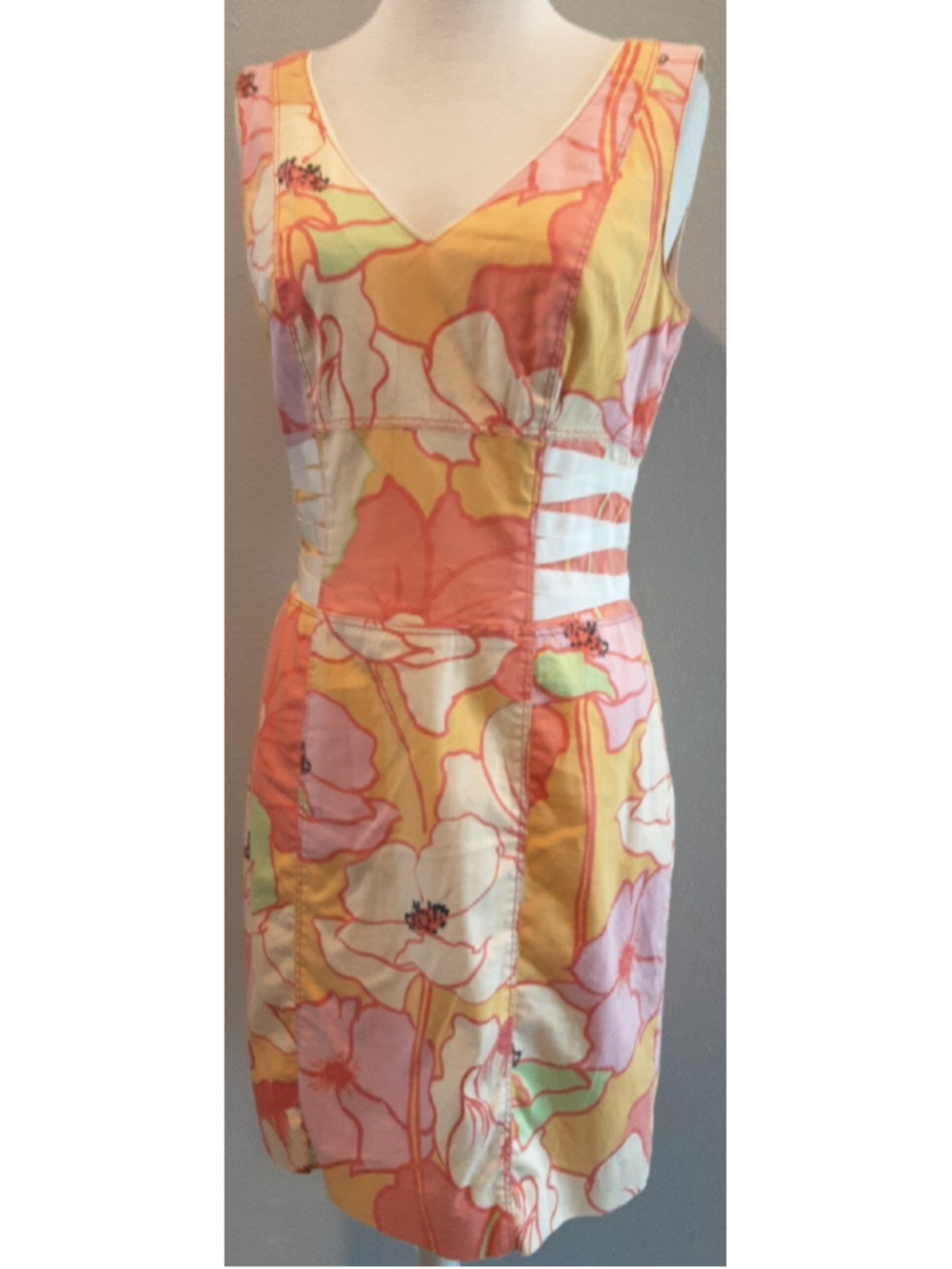 Kay Unger Dress Sz 4 Pink Orange Yellow Poppies Summer Sleeveless Sheath Superb!